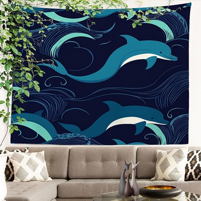 Batmerry Ocean Sea Waves Tapestry, Dolphin Nautical Wall Art Hanging Decoration Polyester Fiber White Ruffled Around for Dorm Room Bedroom Living Room, 51.2x59.1 inches