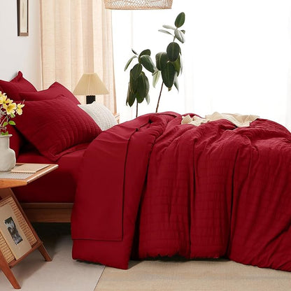CozyLux King Size Comforter Set Dark Red Seersucker 7 Pieces Bed in a Bag King Comforter Set with Sheets, Luxury Bedding Sets with Down Alternative Comforter, Sheets, Pillowcases & Shams All Seasons
