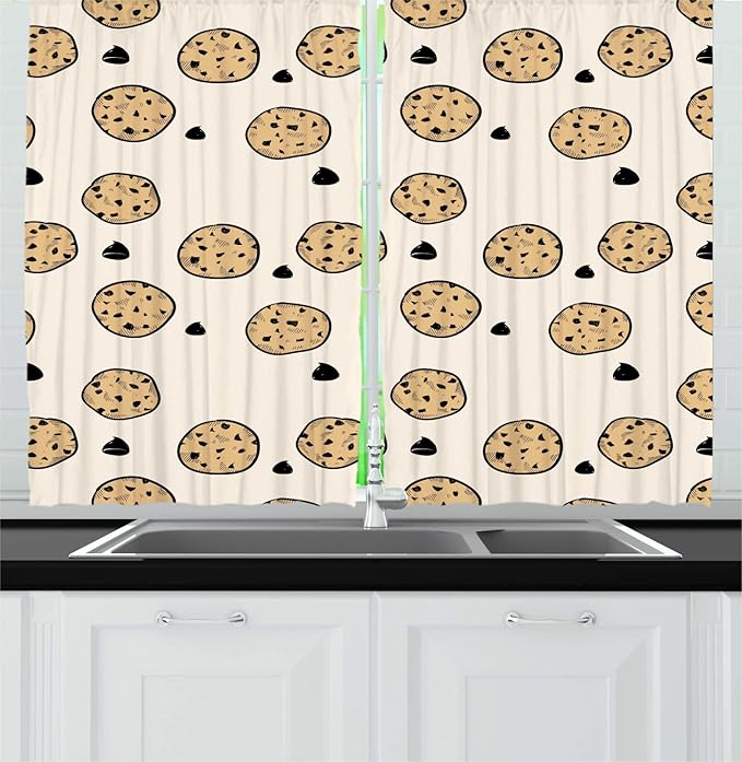 Lunarable Cookie Long Kitchen Curtains, Repetitive Pattern with Dark Grey Chocolate Chips Handmade Dessert, 2 Panel Set Drapes with Rod Pocket Room Decor, 55" x 45", Champagne Pastel Brown