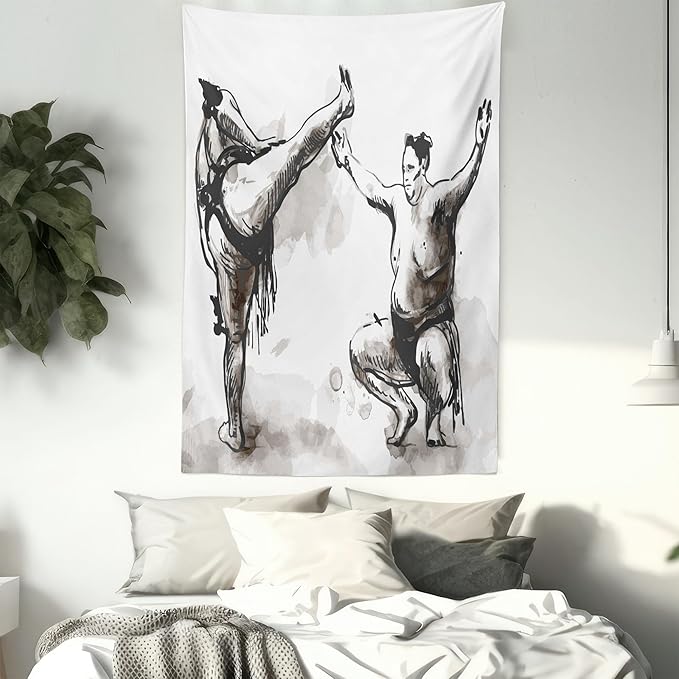 Lunarable Japan Tapestry, Sumo Martial Arts Theme in Hand Drawn Style Wrestlers Sportsmen Self Defence, Fabric Wall Hanging Decor for Bedroom Living Room Dorm, 23" X 28", Black White
