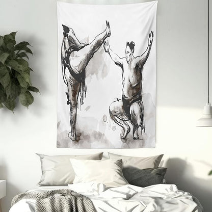 Lunarable Japan Tapestry, Sumo Martial Arts Theme in Hand Drawn Style Wrestlers Sportsmen Self Defence, Fabric Wall Hanging Decor for Bedroom Living Room Dorm, 23" X 28", Black White