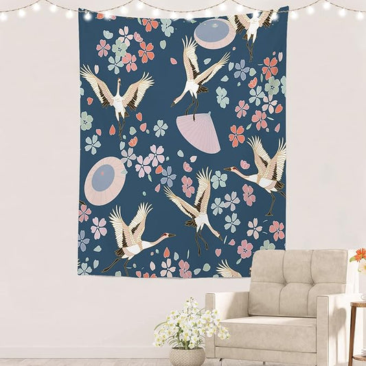 Batmerry Navy Blue Japanese Cherry Tapestry,Oriental Wall Art Hanging Decoration Polyester Fiber White Ruffled Around for Dorm Room Bedroom Living Room, 59.1x39.4 inches
