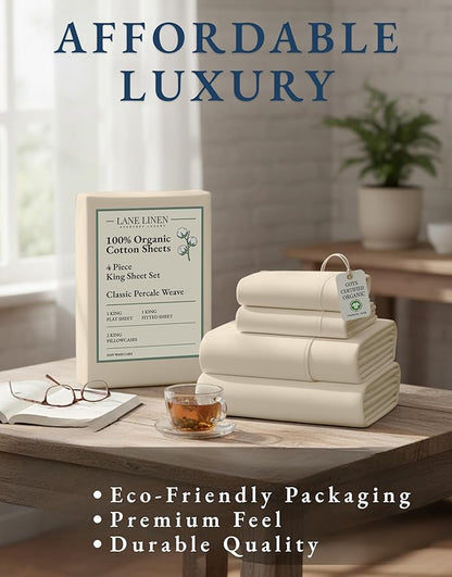 LANE LINEN 100% Organic Cotton Sheets King Size - 4 Pc Bed Sheets King Size, Soft & Breathable Cotton Sheets Set, Percale Sheet & Pillowcase Sets, deep Pocket Sheets Set - Natural