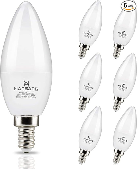 hansang E12 Candelabra LED Bulbs 4000K Daylight Ceiling Fan Light Bulb 6W, 60W Equivalent, Type B Light Bulb for Chandelier, C37 600LM,No-Dimmable 6 Pack