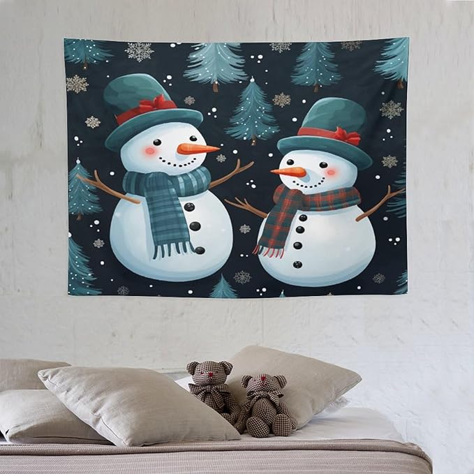 MaSiledy Snowman Couple Wall Tapestries Christmas Cute Snowman Bedroom Tapestries Landscape Tapestry Wall Hanging For Room 30"x40" Tapestry Winter Nature Tapestries for Christmas Home Decoration