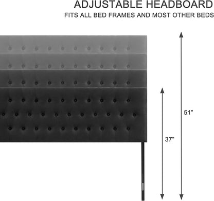 Tufted Upholstered Headboard King Size, Solid Wood Head Board with Durable Metal Legs, Adjustable Height Bed headboard from 37” to 51” Fabric Headboard in Modern Button Design (Black)