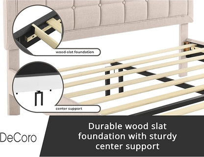 Decoro Mornington Upholstered 2.0 Platform Bed, Button-Tufted Fabric Headboard and Metal Frame with Wood Slat Support, Linen, Full