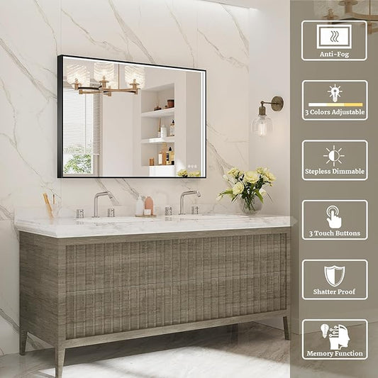 40x28 Inch LED Bathroom Mirror, Black Metal Framed Lighted Mirror for Bathroom, Wall Mouted LED Vanity Mirror with Lights, 3 Colors and Stepless Dimmable, Anti-Fog, Memory