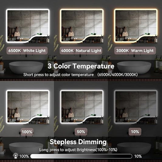 36"x 28" LED Bathroom Mirror with Shelf, Wall-Mounted Backlit Vanity Mirror with Lights, Smart Bathroom Mirror with 3 Colors, Anti-Fog, Stepless Dimmable, Memory (UL, ETL)