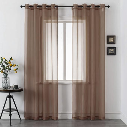 DUALIFE 2 Panels Chocolate Brown Semi Sheer Window Curtains Elegant Grommet Top Window Voile Drapes/Treatment Panels for Bedroom Living Room (52X96 Inches)