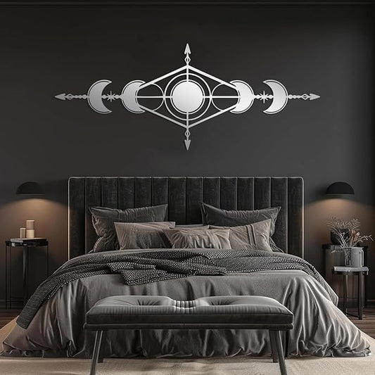 Hfrolixit Moon Phase Metal Wall Decor, Boho Moon Metal Wall Art, Celestial Wall Decor, Scandinavian Natural Wall Art, Astrology Wall Hanging (Silver, 30"x12"/76x31cm)
