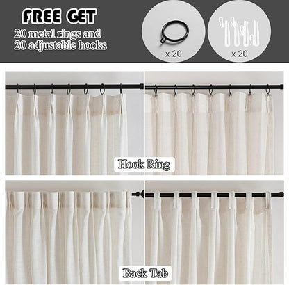 Neutral Linen Sheer Pinch Pleated Sliding Door Curtains, 2x50 Inches Width, Ivory Beige Light Filtering Drapes 108 Inches Long, Textured Farmhouse Floor to Ceiling Window Curtain Panels