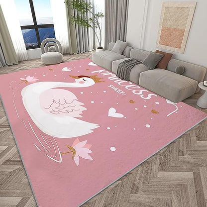 Washable Area Rug for Living Room 8x10 ft Cartoon Swan Princess Peach 3D Print Decor Carpet, Non Slip Stain Resistant Large Area Rugs, for Bedroom Dining Room Office