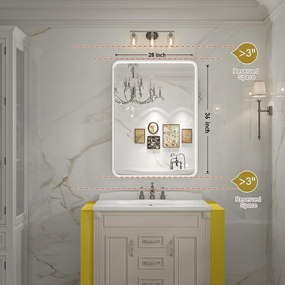 28x36 Inch LED Mirror for Bathroom,Brushed Sliver Metal Frame Lighted Vanity Mirror, Anti Fog Stepless Dimmable,Wall Mounted(Horizontal/Vertical)