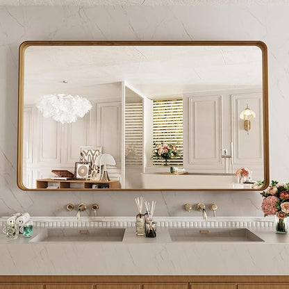 LOAAO 60X30 Inch Bathroom Mirror with Wood Grain Colored Metal Frame, Rounded Rectangle Metal Framed Bathroom Mirror, Anti-Rust, Hangs Horizontally or Vertically, Tempered Glass