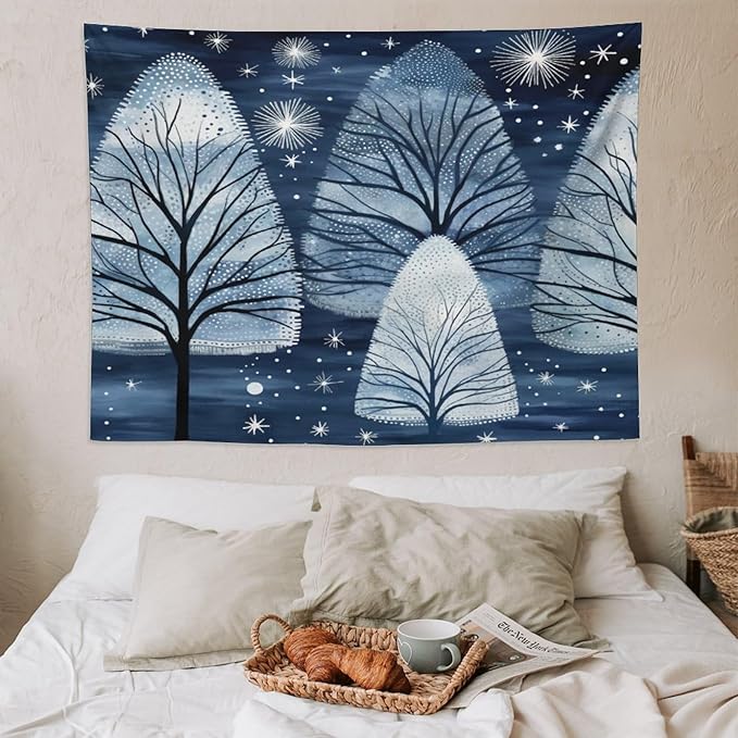 Tapestry Trendy Blue Silver Glitter Tree Christmas Tapestries for Bedroom Aesthetic Christmas Tapestry As Wall Art Wall Hanging for Living Room Dorm Landscape 60"x80" Christmas Family Party