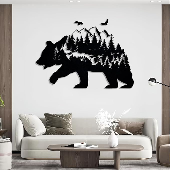 Metal Bear Wall Decor, Mountain And Forest Metal Wall Art, Nature Landscape Decor, Bear Wall Art, Metal Mountain Range, Scandinavian Decor, Large Metal Art Wall Decor, Housewarming Gift (26"x41"|67x105cm, Black)