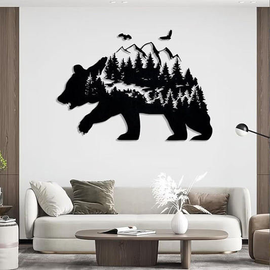 Metal Bear Wall Decor, Mountain And Forest Metal Wall Art, Nature Landscape Decor, Bear Wall Art, Metal Mountain Range, Scandinavian Decor, Large Metal Art Wall Decor, Housewarming Gift (23"x35"|58x90cm, Black)