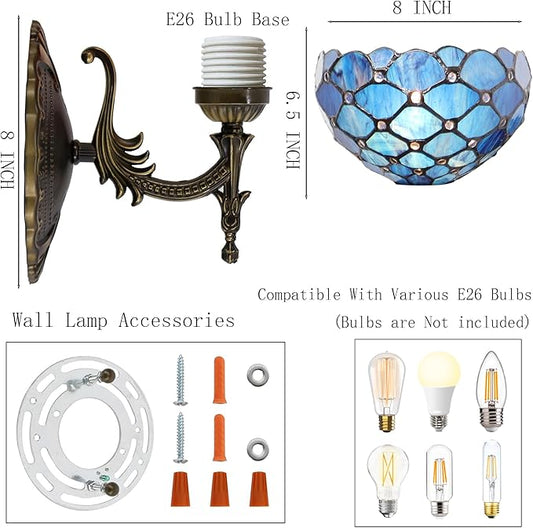 Tiffany Sconce Lamp Stained Glass Wall Lamp,8X10.5X11 Inch Plug in Wall Bedside Light for Hallway Bedroom (Blue Beads)