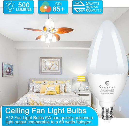 Sailstar Candelabra Light Bulbs 60 Watt Equivalent, 5000K Daylight, 5W E12 Small Base Type B LED Bulbs, 500 Lumens, Chandelier Ceiling Fan Light Bulbs, CRI 85, Non-dimmable, Pack of 10
