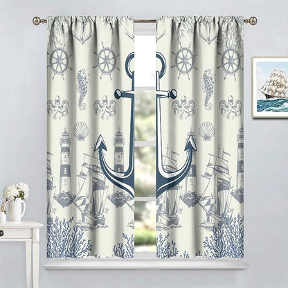 Nautical Anchor Curtains, Vintage Sailboat Ocean Coastal Lighthouse Window Drapes, Navy Blue Coral Shell Seahorse Beach Print Blackout Window Treatments for Living Room Bedroom 63x63in