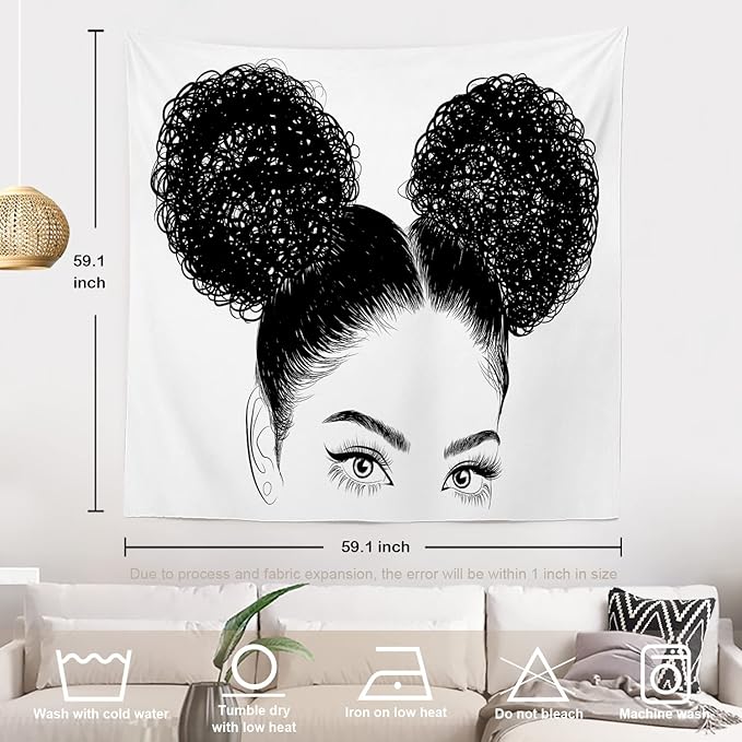 Batmerry Black Woman Afro American Tapestry, Black Woman with Shirt Graphic Tee Visit Hair Afro Girl Picnic Mat Hippie Trippy Tapestry Wall Art Decor for Bedroom Living Room, 59.1 x 59.1 Inches, Black