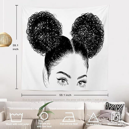 Batmerry Black Woman Afro American Tapestry, Black Woman with Shirt Graphic Tee Visit Hair Afro Girl Picnic Mat Hippie Trippy Tapestry Wall Art Decor for Bedroom Living Room, 59.1 x 59.1 Inches, Black