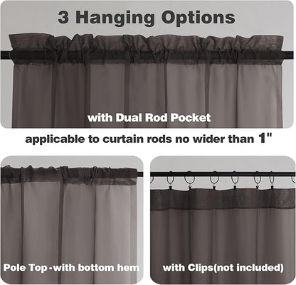 Chyhomenyc Chocolate Brown Sheer Curtains 45 Inch Long 2 Panels, Light Filtering Rod Pocket Voile Short Curtains Drapes for Living Room Bedroom Small Windows, 42Wx45L Inches