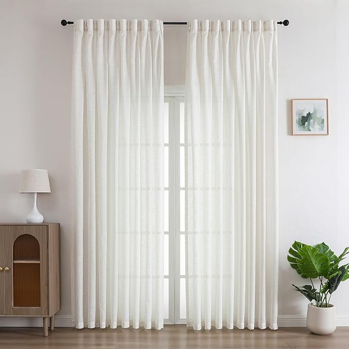 Neutral Linen Sheer Pinch Pleated Sliding Door Curtains, 2x50 Inches Width, Ivory Beige Light Filtering Drapes 90 Inches Long, Textured Modern Farmhouse Window Curtain Panels