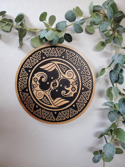 Wood Viking Shield Wall Art, Norse Raven Wall Hanging, Viking Wall Art, Scandinavian Decor Wall Art for Gift, Wall Hangings for Home Office Living Room Farmhouse 24" (Black Glaze)