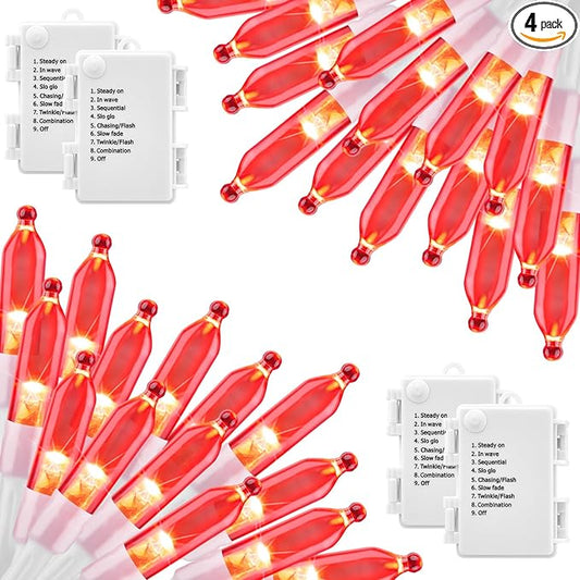 Red String Lights Battery Operated, 4 Pack 8 Feet 20 LED String Lights with 8 Modes Waterproof Tree Lights for Outdoor Indoor Holiday Party Garden Tree Decorations