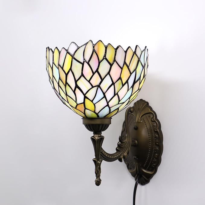 Tiffany Sconce Lamp Stained Glass Wall Lamp,8X10.5X11 Inch Plug in Wall Bedside Light for Hallway Bedroom (Seven Color Wisteria)