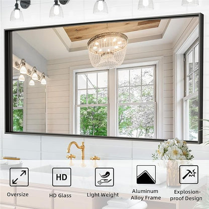 55”x 30” Blak Bathroom Mirrors for Over Sink, Black Framed Vanity Mirror for Bathroom, Shatter Proof, Tempered Glass, Rectangle Wall Mirror Horizontally/Vertically