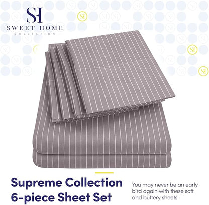 Cal King Size Bed Sheets - 6 Piece 1500 Supreme Collection Fine Brushed Microfiber Deep Pocket California King Sheet Set Bedding - 2 Extra Pillow Cases, Great Value, California King, Pinstripe Gray