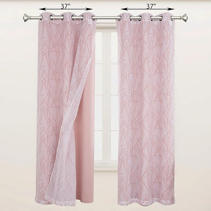 BONZER Mix and Match Curtains - 2 Pieces Branch Print Sheer Curtains and 2 Pieces Blackout Curtains for Bedroom Living Room Grommet Window Drapes, 37x95 Inch/Panel, Blush, Set of 4 Panels