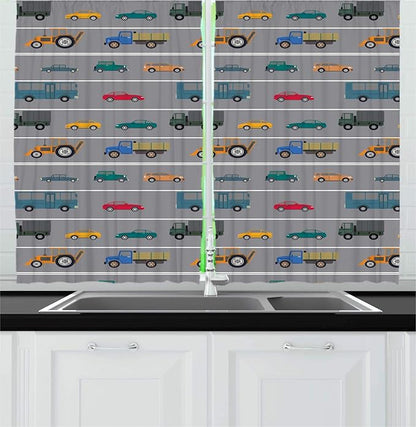Lunarable Transportation Kitchen Curtains, Pattern of Horizontally Driven Vehicles Cars Trucks Buses Road Vibes, Window Drapes 2 Panel Set for Kitchen Cafe Decor, 55" X 39", Dimgray Multicolor