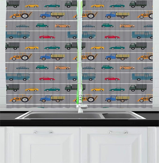 Lunarable Transportation Kitchen Curtains, Pattern of Horizontally Driven Vehicles Cars Trucks Buses Road Vibes, Window Drapes 2 Panel Set for Kitchen Cafe Decor, 55" X 39", Dimgray Multicolor