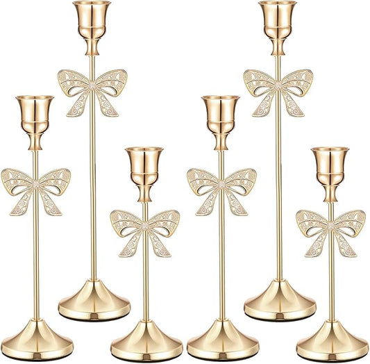 6 Pcs Christmas Candle Holders 3 Size Gold Taper Candlestick Holders Set Vintage Decorative Centerpiece for Table Mantel Wedding Housewarming Thanksgiving Gifts (Bowknot)