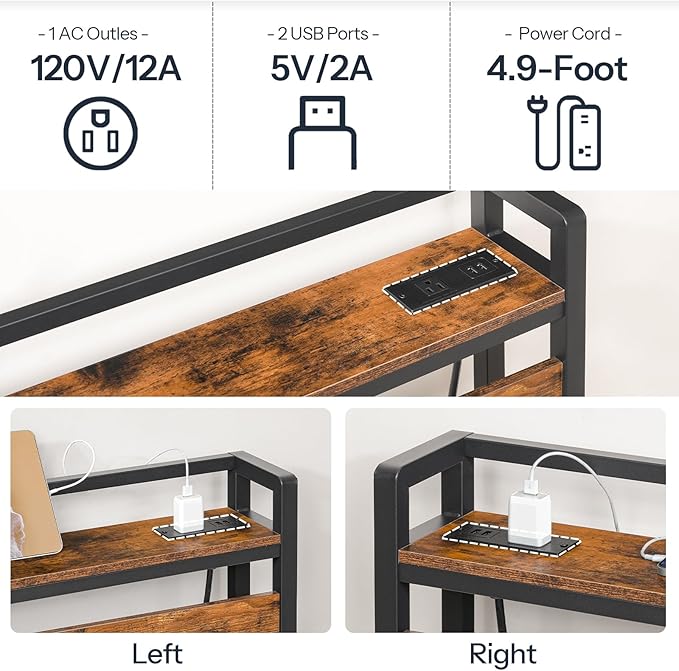HOOBRO Headboard Queen Size, Headboard with 2 Outlets and 4 USB Ports, Adjustable Height, Storage Rack, Sturdy and Stable, Easy Assembly, Rustic Brown and Black