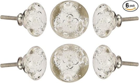 Perilla Home Set of 6 Crystal Bubble Knobs Decorative Glass Knobs for Home Kitchen Cabinet Vintage Hardware Cupboard Door Dresser Wardrobe Drawer Pulls (Clear)