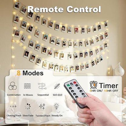SUDDUS 16ft 50LED Fairy Lights with 22 Clips, Battery/USB Operated Photo Twinkle Lights with Remote Control & Timer, Waterproof Indoor Outdoor String Lights for Wedding Bedroom Dorm Decor (Warm White)
