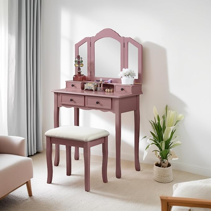 Roundhill Furniture Sanlo Wooden Vanity, Make Up Table and Stool Set, RoseGold