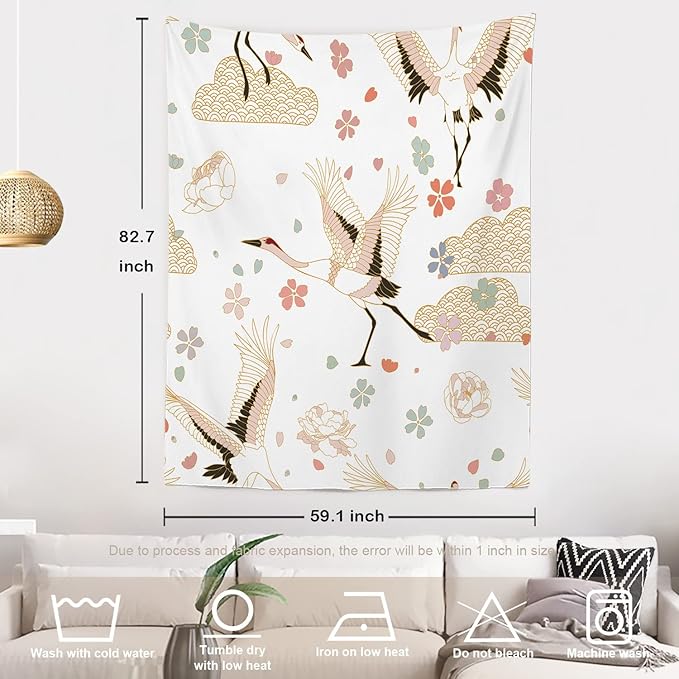 Batmerry White and Gold Japanese Tapestry,Rustic Wall Art Hanging Decoration Polyester Fiber White Ruffled Around for Dorm Room Bedroom Living Room, 82.7x59.1 inches
