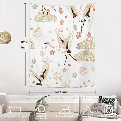 Batmerry White and Gold Japanese Tapestry,Rustic Wall Art Hanging Decoration Polyester Fiber White Ruffled Around for Dorm Room Bedroom Living Room, 82.7x59.1 inches