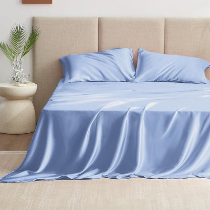 Love's cabin Full Size Satin Sheet Sets - 4 Piece Sky Blue Silky Sheet Set Full with Deep Pocket, Luxury Silk Feel Bed Sheets Full Bedding Set (1 Flat Sheet,1 Fitted Sheet,2 Pillow Cases)