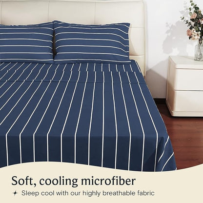 LuxClub 4 PC King Size Sheet Set Bed Sheets, Breathable Luxury Deep Pockets Wrinkle Free Cooling Sheets Machine Washable Hotel Bedding (King, Striped Navy)