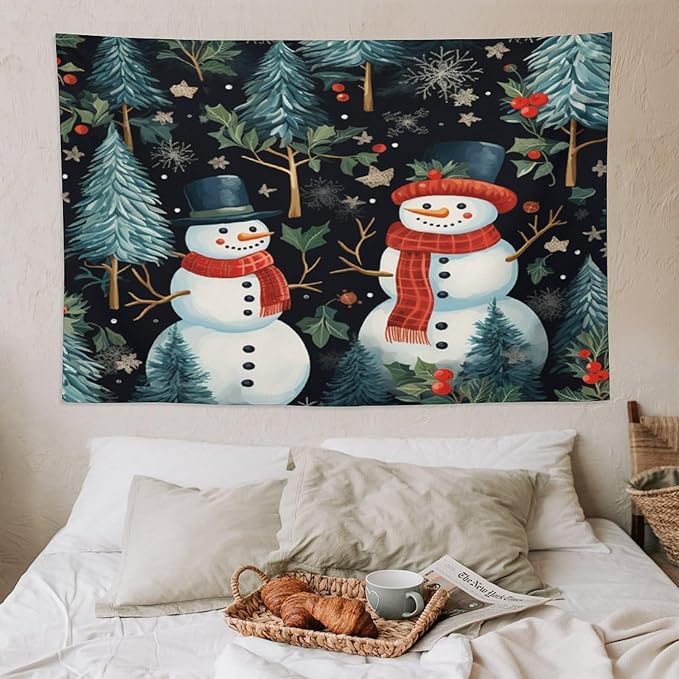 Snowman Couple Tapastry's Wall Hanging Christmas Winter Snowman Tapestry Vintage Aesthetic Tapestries Landscape Tapestry for Bedroom Aesthetic Home Decor 60"x90" Christmas Family Party