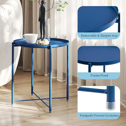 HollyHOME Round Metal Side Table, Outdoor Small Folding Accent Stand with Removable Tray, 17.72'' Portable End Table for Balconies, Gardens, Living Rooms and Bedrooms, Navy Blue