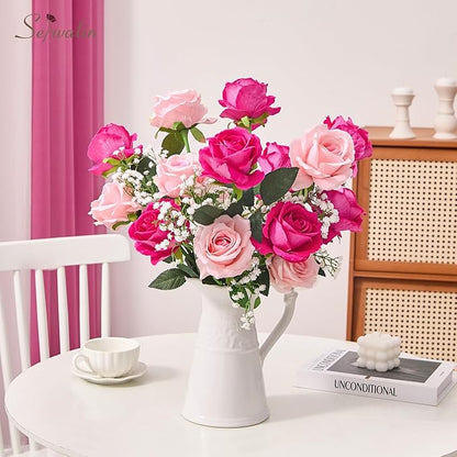 Serwalin 20pcs Artificial Pink & Hot Pink Roses, 4'' Big Flower Head, Fake Velvet Roses, Silk Roses Long Stems Realistic Bouquet for Wedding Parties Table Centerpiece and Home Decor