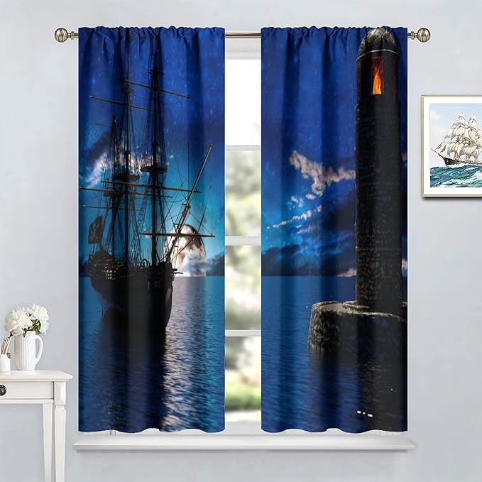 Pirate Ship Curtains, Nautical Sailboat Sailing Ocean Adventure Full Moon Cloudy Night Sky Old Lighthouse Print Blackout Window Treatments for Bedroom Living Room 84x84in